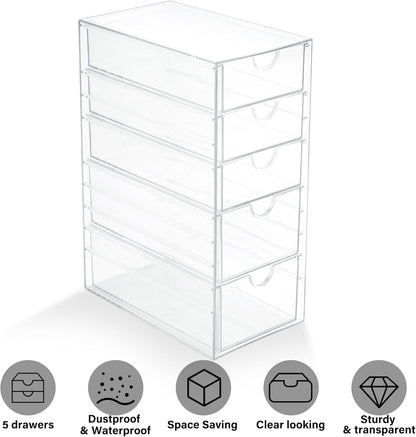 Prsildan Acrylic Drawer Makeup Organizer with 6 Drawers (Not for Baby Bottle), Set of 2 Office Desk Organizers Accessories, Clear Stackable Storage Drawers for Vanity, Craft (Largest Drawer 4" Tall)