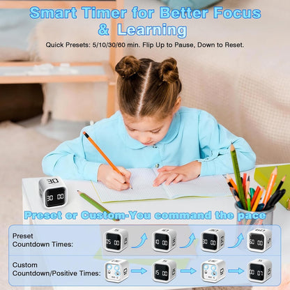 Cube Pomodoro Timer, Desk Productivity Timer 5/10/30/60 Minutes & Custom Countdown, Adjustable & Silent Visual Timer, ADHD Tool Flip Rotating Portable Multi Timers for Study Task Work Kitchen School