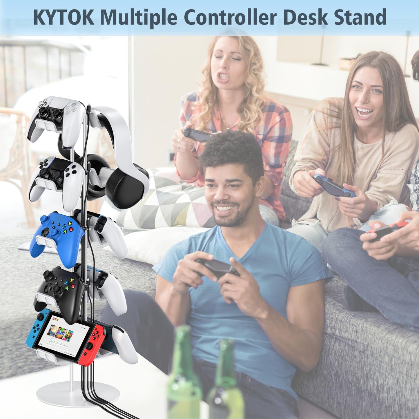 Kytok Controller Stand 4 Tiers with Cable Organizer for Desk, Universal Headphone Stand Compatible with Xbox PS5 PS4 Console Nintendo Switch, Headset Holder & Desk Mounts for 8 Packs Controller