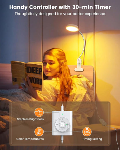 Glocusent 5W Clip on Light, 36LED Eye Caring Reading Light for Bed, 3 Colors & 5 Brightness Clip on Lamp with Adapter, Perfect Reading Light for Bed with Clamp/Bunk Bed/Headboard/Table/Desk