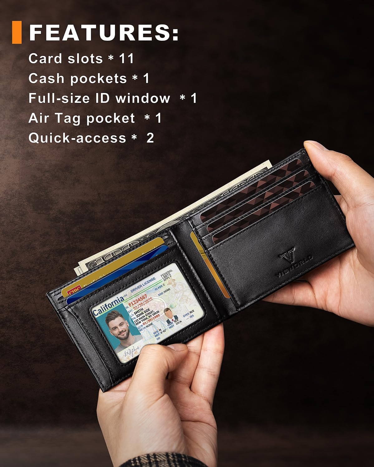 Men's Wallet with Airtag Holder, Bifold Full-Grain Leather Wallet for Apple Air Tag (1st & 2nd Generation), Slim Wallet for Men with RFID Blocking, 11 Card Slots