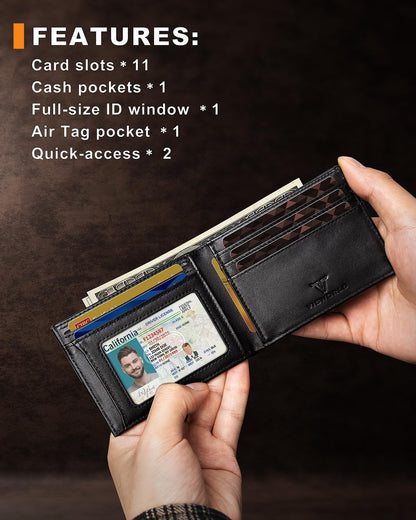 Men's Wallet with Airtag Holder, Bifold Full-Grain Leather Wallet for Apple Air Tag (1st & 2nd Generation), Slim Wallet for Men with RFID Blocking, 11 Card Slots