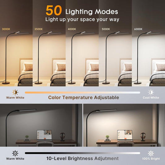 Syrinx LED Floor Lamp, 18W 2000LM Bright Reading Floor Lamp for Office, Gesture & Remote Control, Dual Head Goose-Neck Standing Lamp, Dimmable Brightness & Color Temp, Eye Caring Light for Living Room