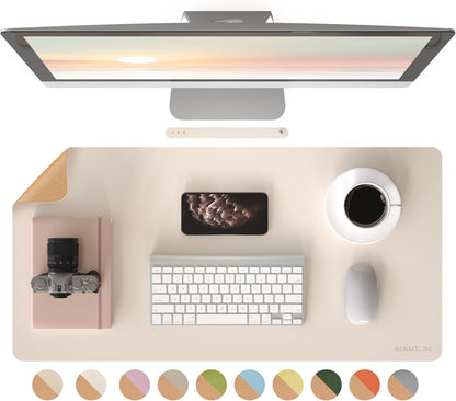 RENMTURE Desk Pad, Cork & PU Leather Desk Mat, Large Mouse pad, Non-Slip Desk Protector and Blotter, Waterproof Writing Pad, Desk Accessories and Organizers for Home Office (Light Yellow, 32"x16")