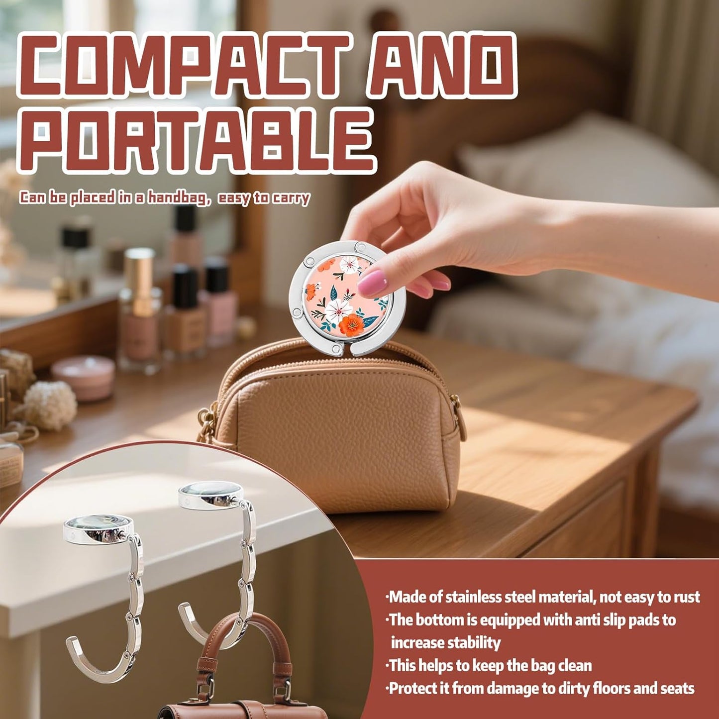 Foldable Purse Hook for Table, Purse Hanger for Table, Desk Bag Hook, Desk Purse Hook, Purse Holder for Table - Compact Portable Multi-Use Design, Aluminum Alloy Handbag Hanger, 3 Pcs (Style A)