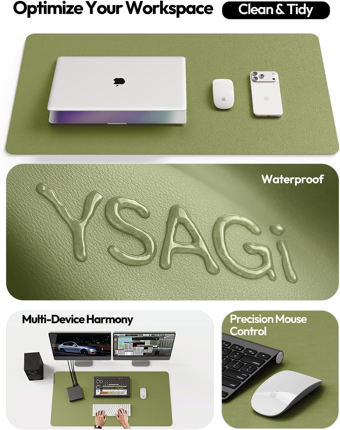 YSAGi Large Extended PU Leather Desk Pad Protector – Non-Slip Waterproof Desk Mat for Office & Home, Easy Clean Mouse Pad & Laptop Writing Blotter 35.4"x17" Black - Colors A