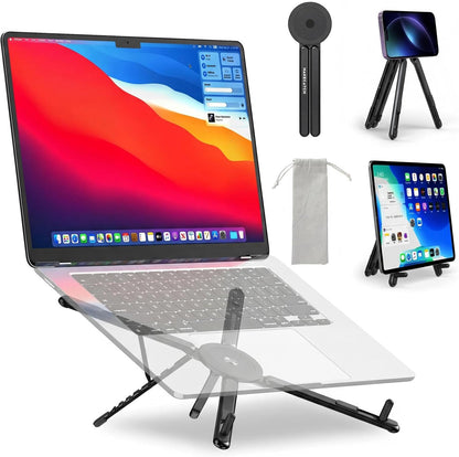 Portable Laptop Stand for Desk, 3-in-1 Adjustable Holder for MacBook, 8-Level Height & Angle, Aluminum Alloy Desktop Stand, Compatible with 4-13” iPhone, 10-16” Laptops & Tablets(Gray)