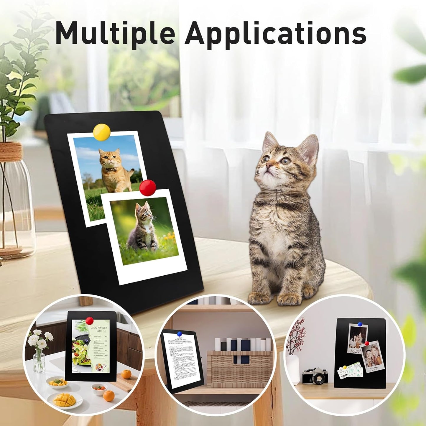 4 Pack Magnet Board, Black Magnetic Bulletin Board Metal Magnet Display Stand with Easel Stand Tabletop Memo Display Board for Memos, Photos & Documents Table Supplies