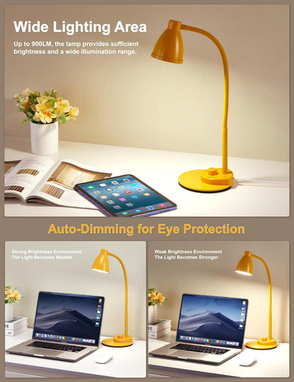 BOHON LED Desk Lamp with USB Charging Port, 3 Color Modes Dimmable Reading Lamp, Auto Dimming Task Lamp, Flexible Neck Table Light for Dorm Bedside, Adapter Include, White