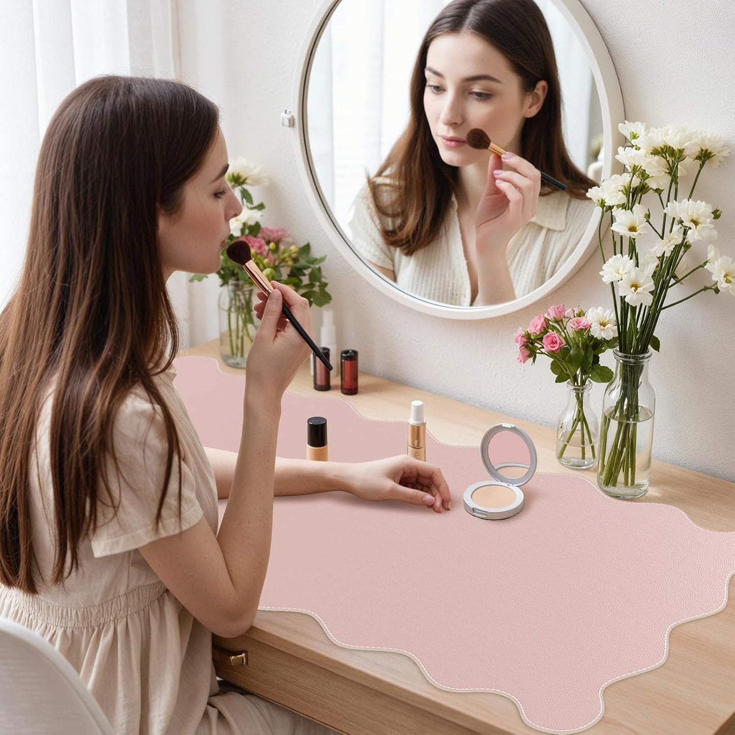 iCasso Pink Leather Desk Mat,Extra Large Scalloped Mouse Pad for Desktop,Waterproof PU Nail Table Mat,Cute Keyboard Mats for Women Girl,Non-Slip Desk Cover Mat for Office Home Dorm