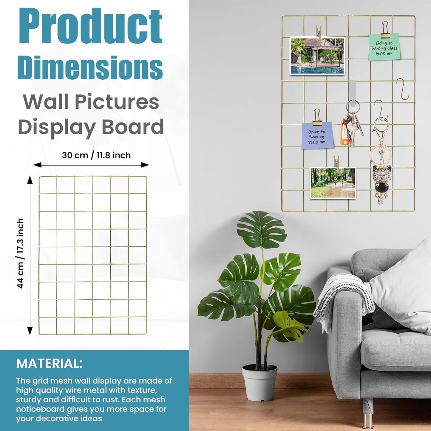 CIKLCIX Metal Grid Wall Panel, Wire Grid Photo Display Organizer, 17.3"×11.8" Gold Wire Board Grid Wall, Grid Picture Frame, 2-Pack Wire Mesh Memo Board With Clips and Hooks