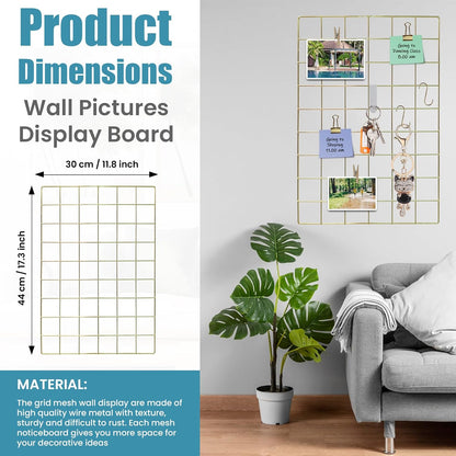 CIKLCIX Metal Grid Wall Panel, Wire Grid Photo Display Organizer, 17.3"×11.8" Gold Wire Board Grid Wall, Grid Picture Frame, 2-Pack Wire Mesh Memo Board With Clips and Hooks