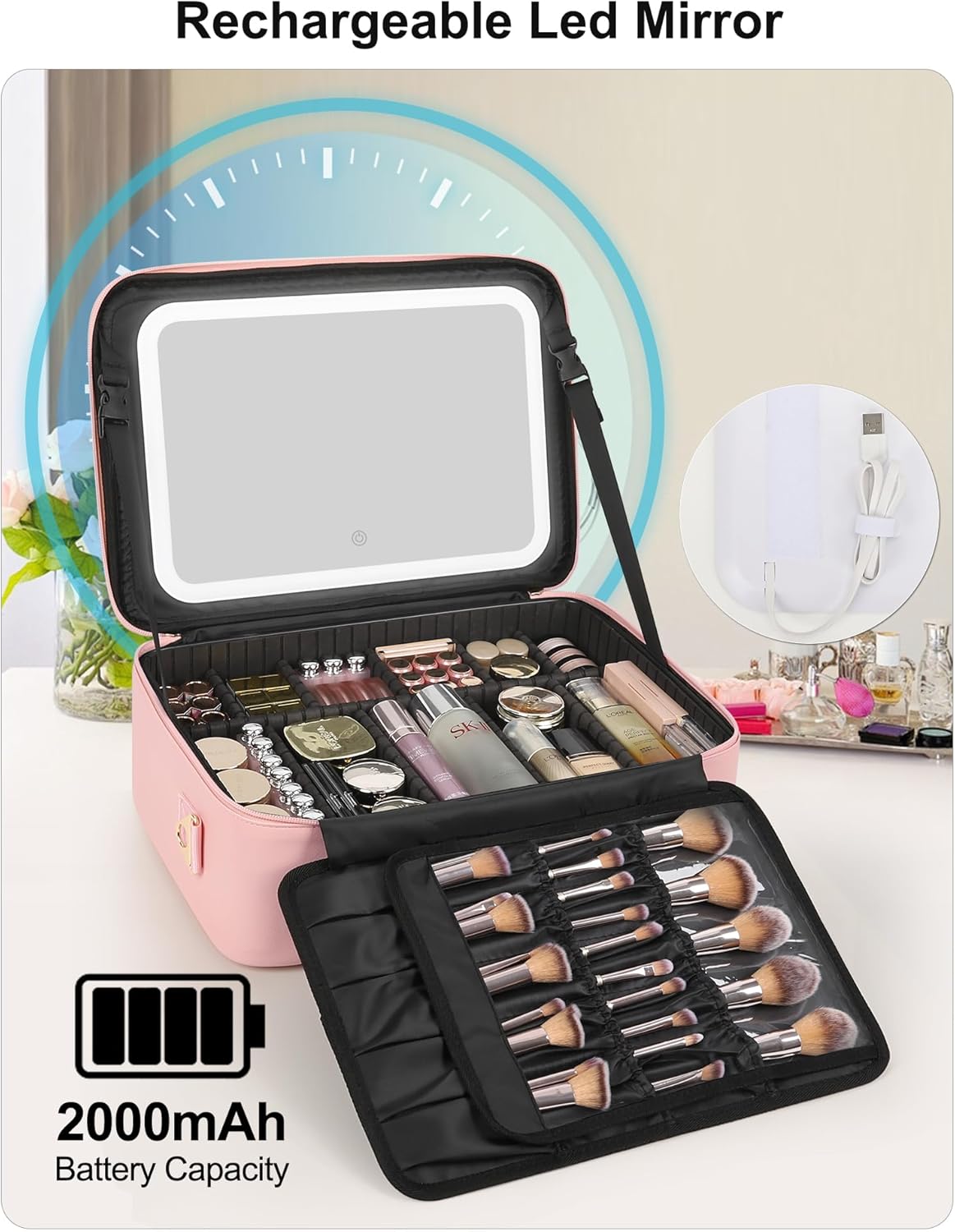 Relavel Travel Makeup Bag With LED Mirror, Cosmetic Train Case with Light up Mirror, Portable Makeup Artist Organizer Bag with Adjustable Dividers, Makeup Brush Holder Storage, Black
