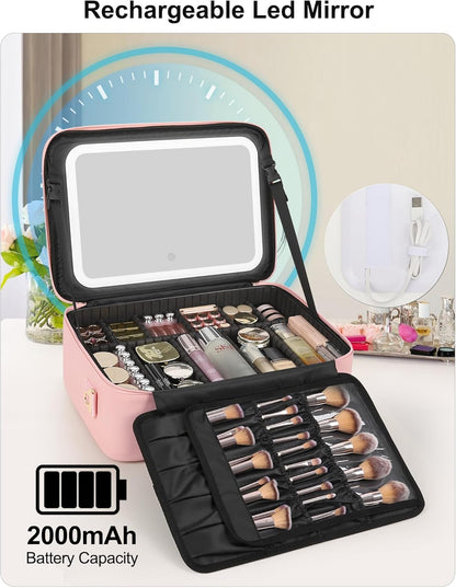 Relavel Travel Makeup Bag With LED Mirror, Cosmetic Train Case with Light up Mirror, Portable Makeup Artist Organizer Bag with Adjustable Dividers, Makeup Brush Holder Storage, Black
