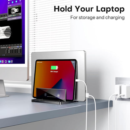 OMOTON Vertical Laptop Stand for Desk, Acrylic Dual Laptop Holder Desktop Clear Adjustable Dock for MacBook Pro Air, HP, All Gaming Laptops up to 17” (Clear, Dual Slot)