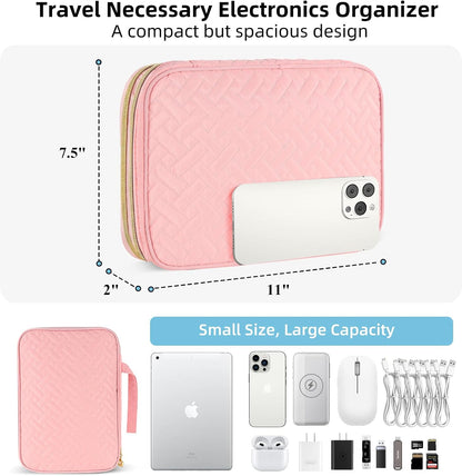 Electronics Organizer Travel Case, Charger Bag Cord Organizer Travel, Compact Tech Pouch Cable Organizer Bag for Charger, Cords, Phone, Headphones, Flash Drive, SD Card (Pink, Small-Double Layer)