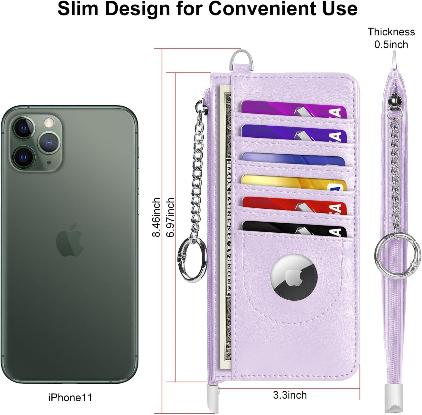 RFID Blocking Slim Credit Card Holder Wallet with Zipper Money Pocket & Keychain, Slim Airtag Wallet for Men Women