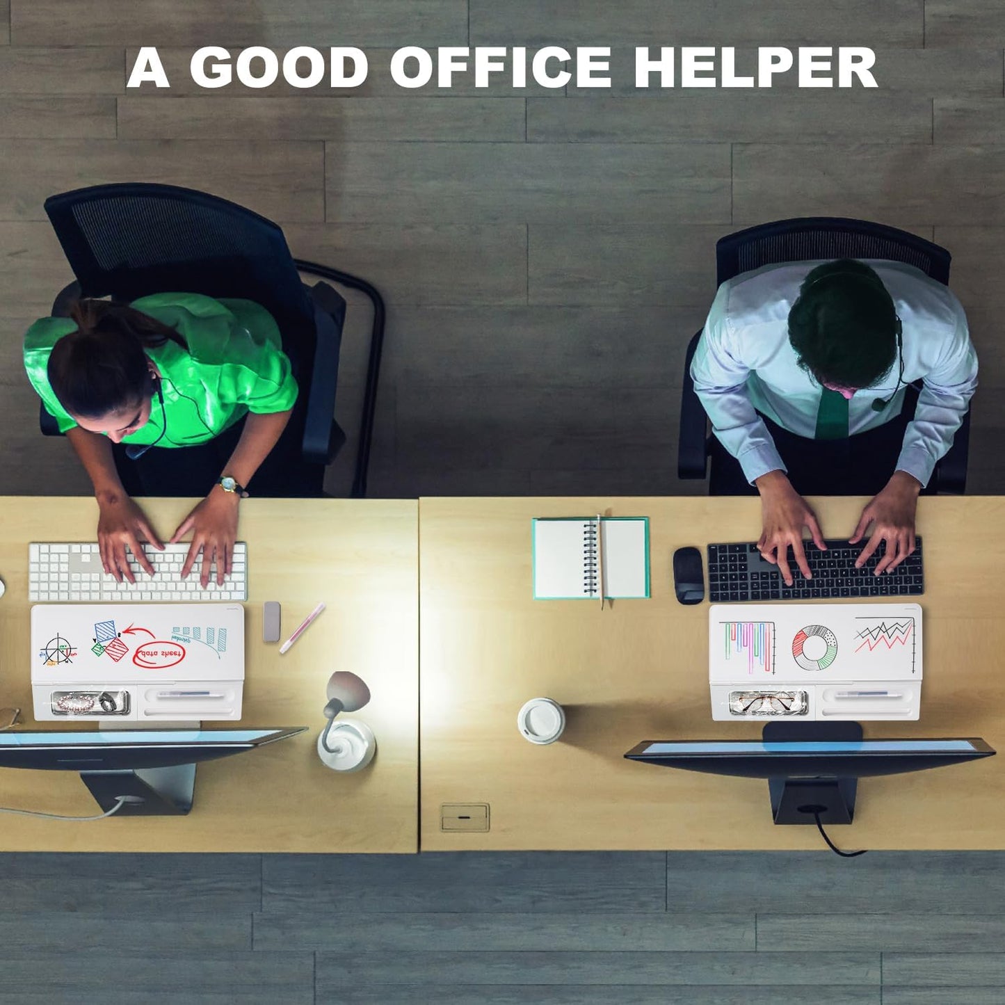 TSJ OFFICE Small Desktop Whiteboard -Glass Dry Erase Board Computer Keyboard Stand White Board Surface Pad with Drawer, Desk Organizers with Accessories for Office, Home, School Supplies - White