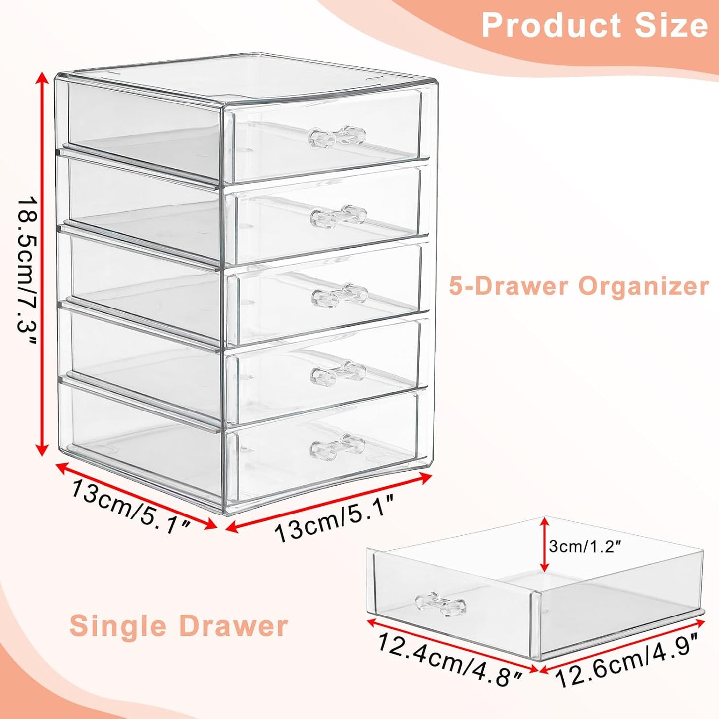 BTSKY Clear Acrylic Storage Organizer with Drawers, 5-Layer Desktop Organizer for Office Essentials, Multi-Purpose Stackable Container for Bathroom Vanity, Desk Makeup Jewelry Container Storage Box
