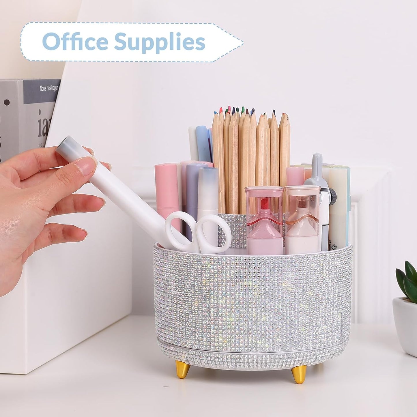 SKYDUE 360 Rotating Plastic Desk Pen Organizer with 5 Slots, Dual-Purpose Art Supply Pencil Cup for Office, School, Home