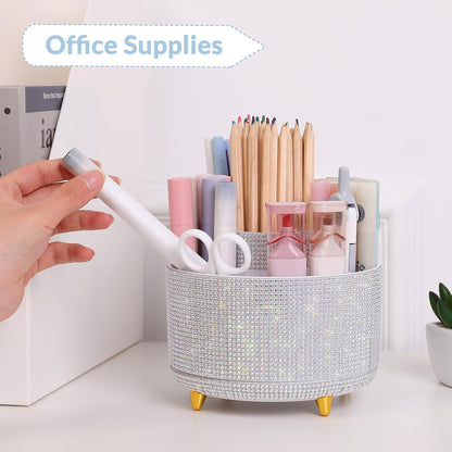 SKYDUE 360 Rotating Plastic Desk Pen Organizer with 5 Slots, Dual-Purpose Art Supply Pencil Cup for Office, School, Home