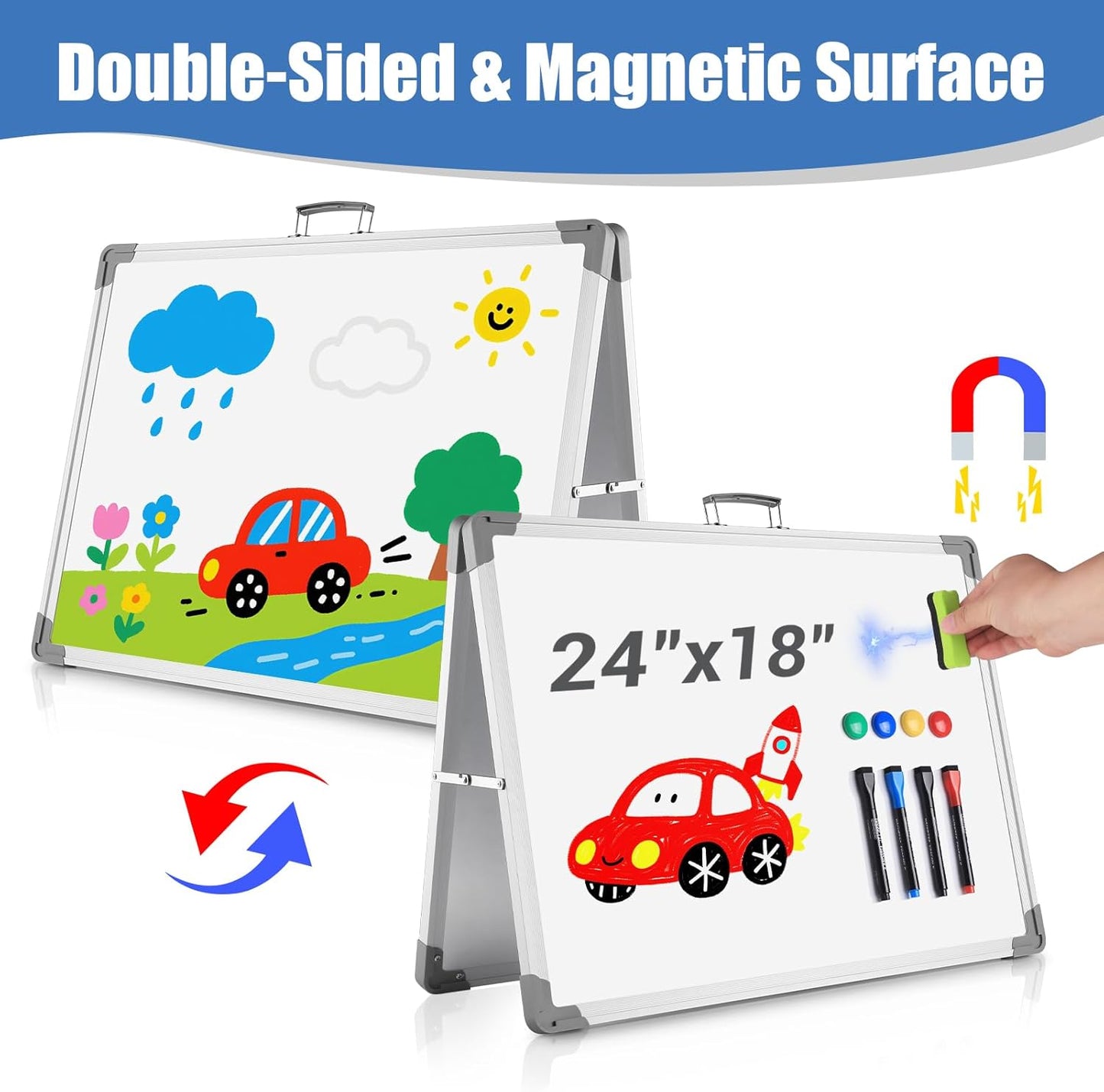 White Board Dry Erase 24" x 18", Magnetic Portable Foldable Whiteboard Double Sided Desktop Dry Erase Board Easel on Table Top with Holder for Classroom, Office, Homeschooling, School Supplies