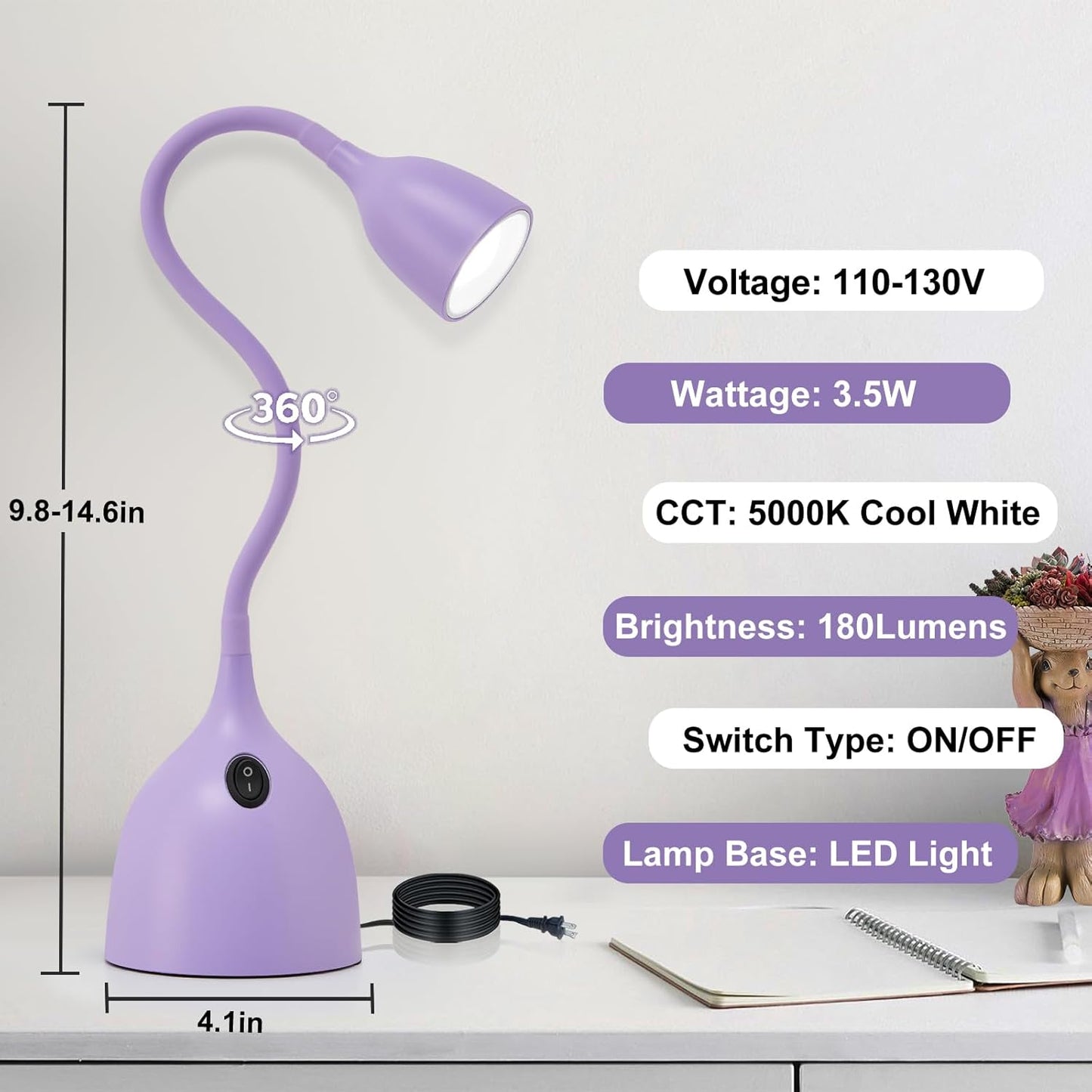 EJIAXIN Desk Lamp for Home Office - Clip on Reading Light and Bed Headboard Clamp Lamp, Bedside Gooseneck Table Lamp, Clip on Desk Lamps, Eye-Caring Desk Lamp for College Dorm Room Study Lamp, White
