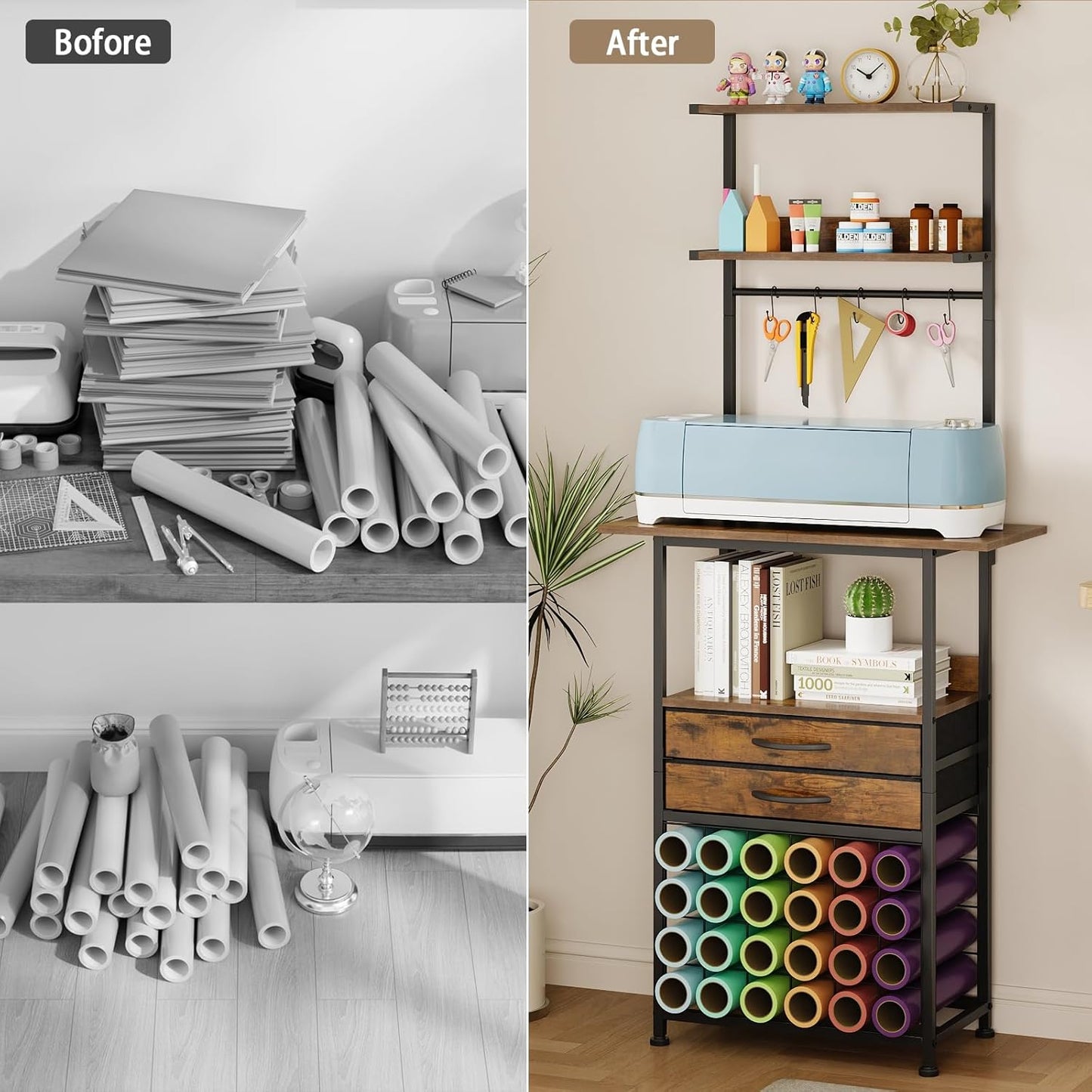 VENNQD Stand Compatible with Cricut Maker and Cricut Explore Air Series Craft Organizers and Storage with 2 Fabric Drawer and Shelves Crafting Table with Vinyl Roll Holder Workstation, White