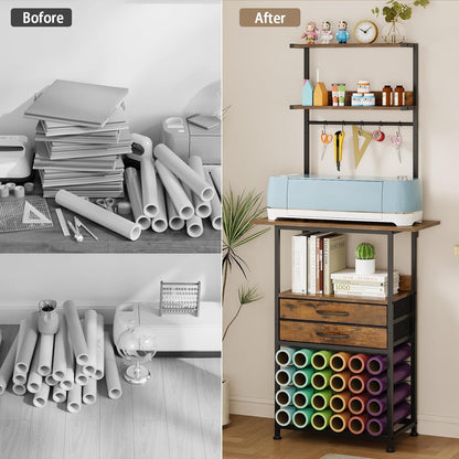 VENNQD Stand Compatible with Cricut Maker and Cricut Explore Air Series Craft Organizers and Storage with 2 Fabric Drawer and Shelves Crafting Table with Vinyl Roll Holder Workstation, White