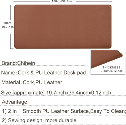 Chihein 2XL 35" x 16" Cork & PU Leather Desk Mat, Dual Sided Desk Pad Protector, Waterproof Writing Blotter for Gaming, Office, Home (Black)