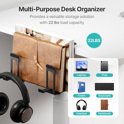 PEGZONE Laptop Stand Vertical, 2-Slot Under Desk Laptop Holder, Desk Side Storage with Headphone Holder, Laptop Organizer for Office Gaming, Black