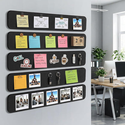 Thboxes 5 Pack Felt Bulletin Board Strips, 13x2 Inch Self Adhesive Felt Pin Boards with 30 Pushpins, Cork Board for Walls Home Office Decor(Black)