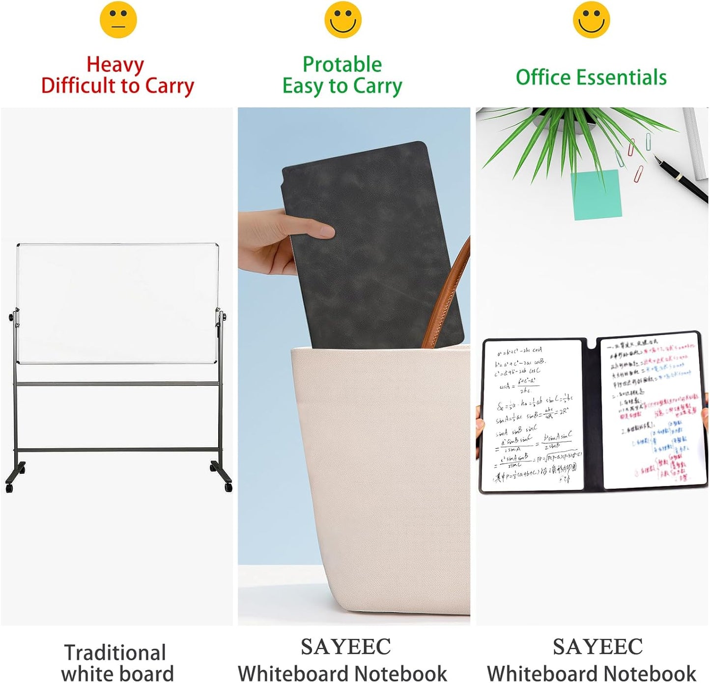 SAYEEC Whiteboard Notebook, Portable Dry Erase Board with 3 Colors Fineliner Pens, Black PU Cover Erasable Handheld White Board Reusable Drawing Notebook Easel Pad for Meeting Business Office School