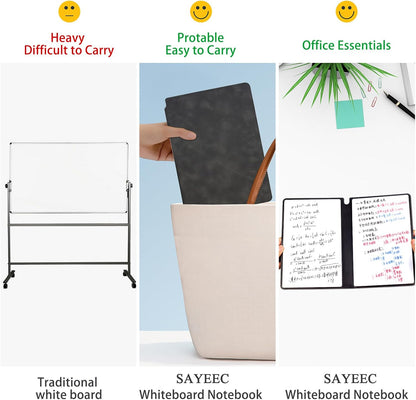 SAYEEC Whiteboard Notebook, Portable Dry Erase Board with 3 Colors Fineliner Pens, Black PU Cover Erasable Handheld White Board Reusable Drawing Notebook Easel Pad for Meeting Business Office School