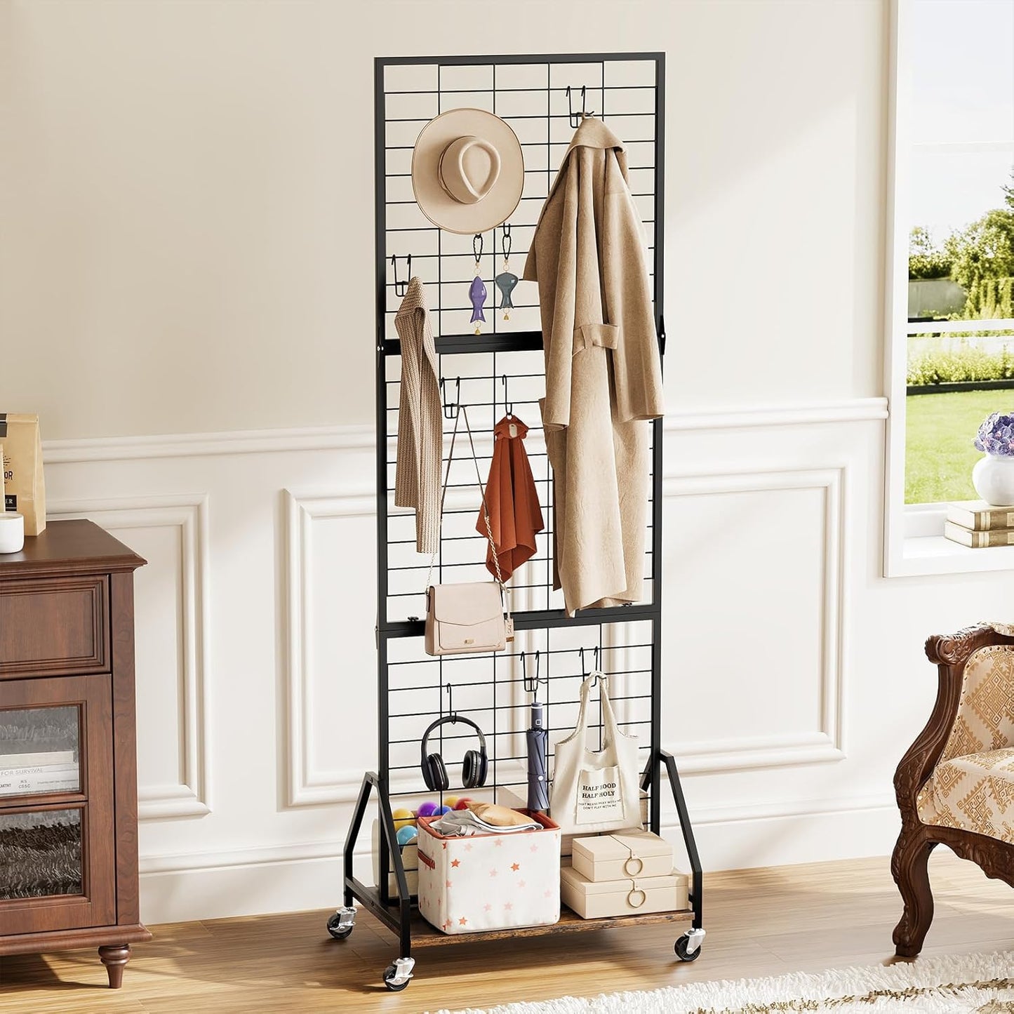 ELYKEN Foldable Grid Wall Panels 5.7' x 2' FT, Movable Wire Gridwall Display Rack with Wheels and Adjustable Foots, Retail Display Stand for Vendor with Storage (Rustic Brown)