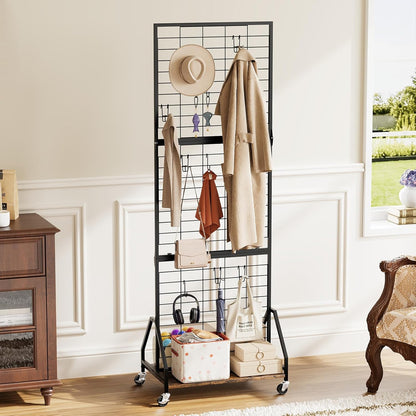 ELYKEN Foldable Grid Wall Panels 5.7' x 2' FT, Movable Wire Gridwall Display Rack with Wheels and Adjustable Foots, Retail Display Stand for Vendor with Storage (Rustic Brown)