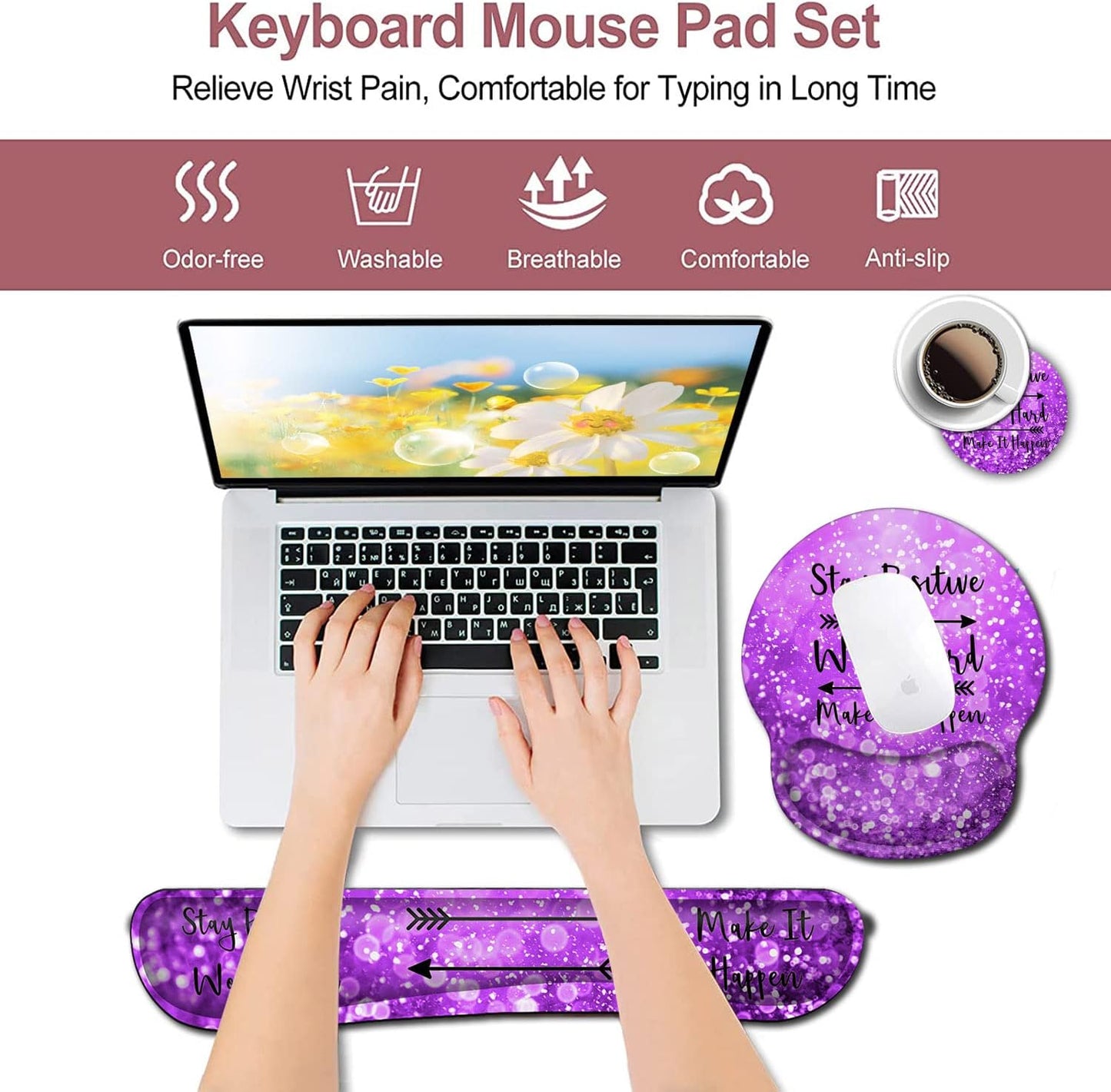 Mouse Pad with Wrist Support, Ergonomic Gel Mouse Pad Beautiful Flowers,Pink Hyacinths on Wood Panel，Non-Slip Durable, Memory Foam Keyboard Wrist Rest, Suitable for Office Typing Games