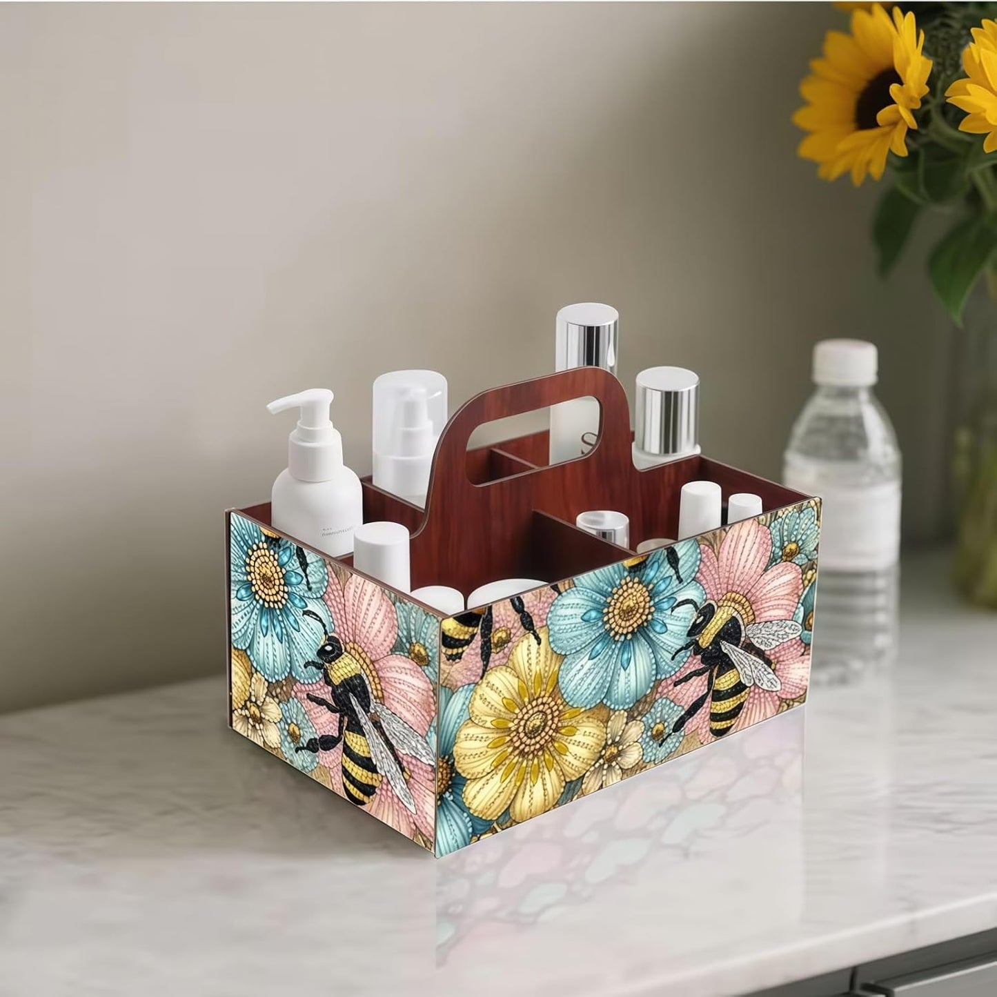 LSQFS DIY Diamond Painting Storage Box, Wooden Multi-Grid Organizer with Handle, Portable Desktop Caddy for Art Kits, Craft Tools, Makeup Brushes, Stationery Home Office