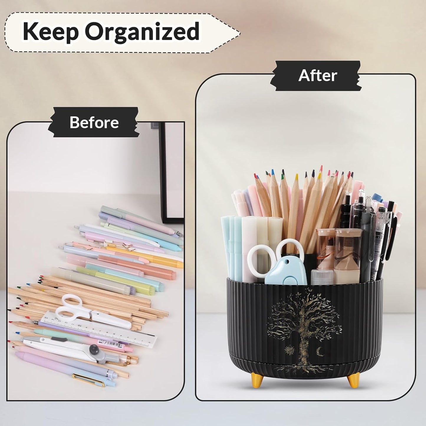 SKYDUE 360 Rotating Plastic Desk Pen Organizer with 5 Slots, Dual-Purpose Art Supply Pencil Cup for Office, School, Home