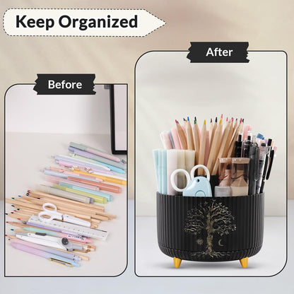 SKYDUE 360 Rotating Plastic Desk Pen Organizer with 5 Slots, Dual-Purpose Art Supply Pencil Cup for Office, School, Home