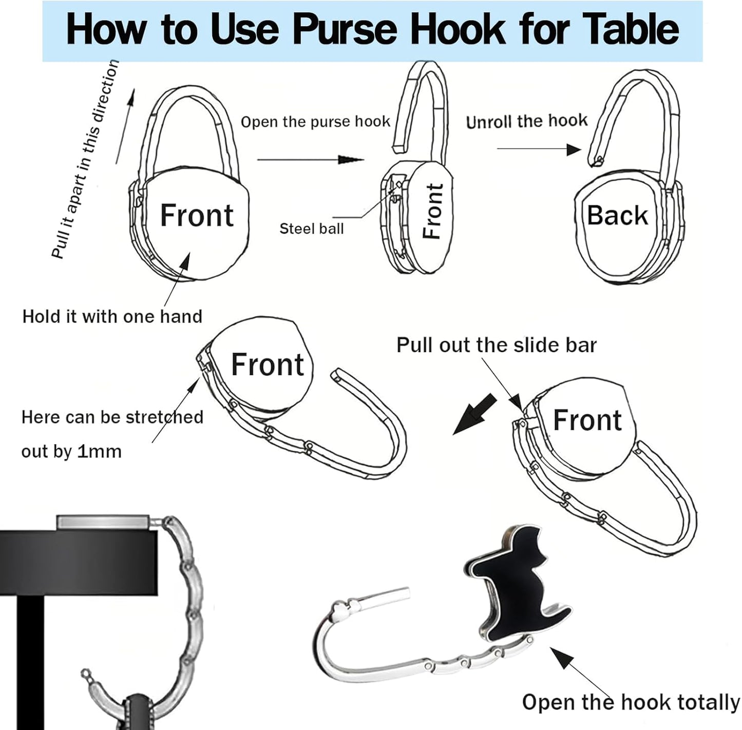 PJY Foldable Purse Hook for Table - Portable Bag Holder,Folding Handbag Hanger Various Heavy Items Desk Hook (A)