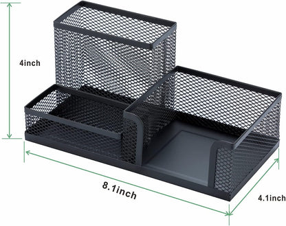 Black Mesh Pen Holder - Multipurpose Mesh Desk Organizers Large Capacity Office Supplies with Sticky Notes Holder and 3 Compartments 4 Non-slip Mats Easy Storage Suitable for School, Home
