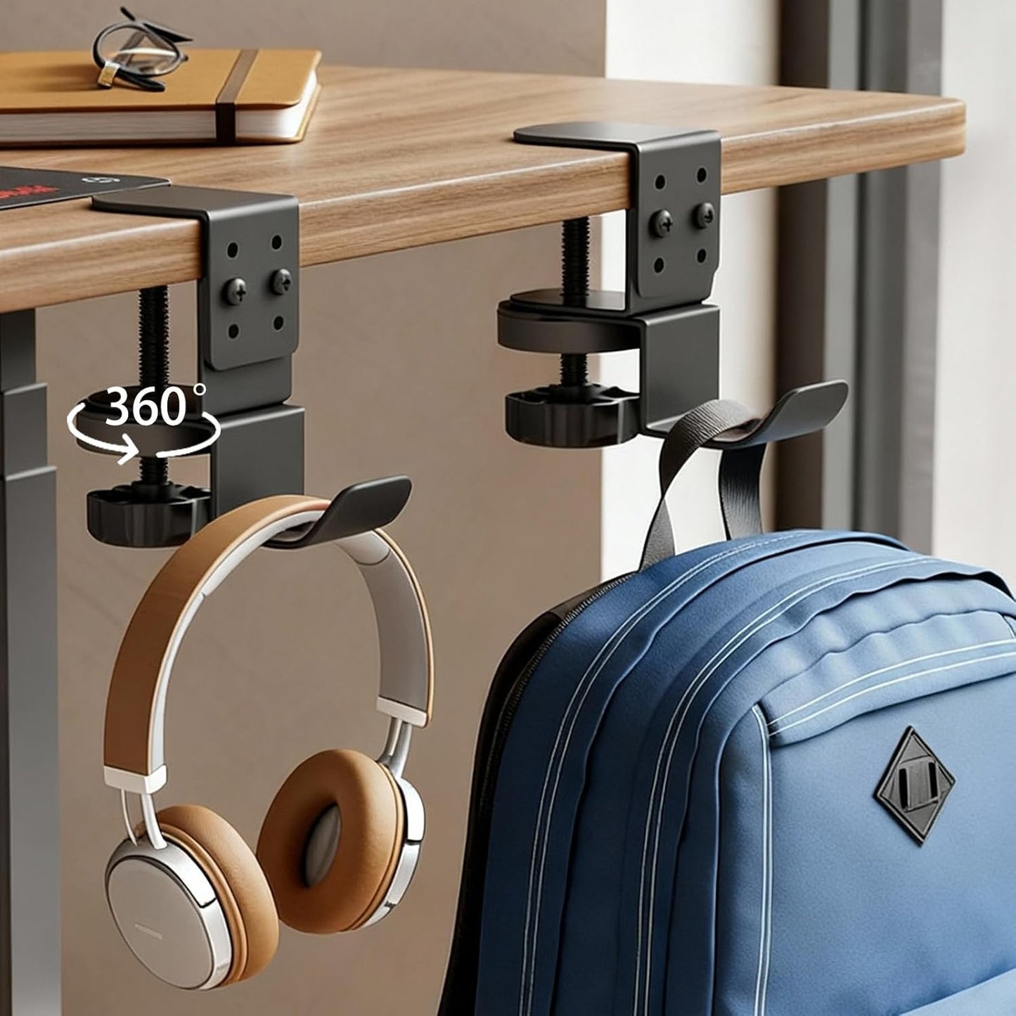 Heavy Duty Desk Hook Clamp(1 PCS), 360° Rotating Backpack Hanger with Height Adjustment, No Drill Headphone Holder, Purse Hook for Table, Bag Hanger, Gifts for Gamers, Office Desk Gaming Accessories