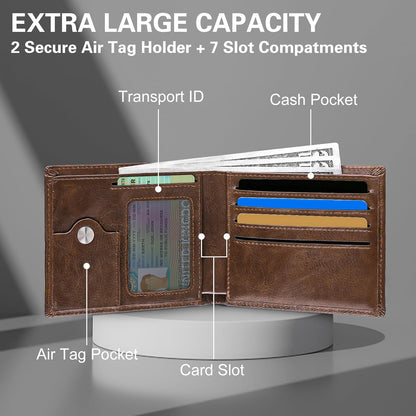 GIPUSSON Slim Leather Wallet for Men Airtag Hidden, Large Bifold Mens Wallet RFID Blocking with ID Windows, Credit Card Holder for Men Wallet