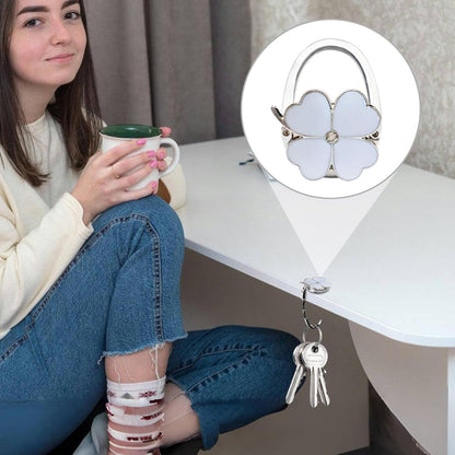 Purse Hook for Table, Clover Design Foldable Purse Holder for Table, Portable Bag Holder - Folding Handbag Hanger | Hangs Almost Anywhere(White)
