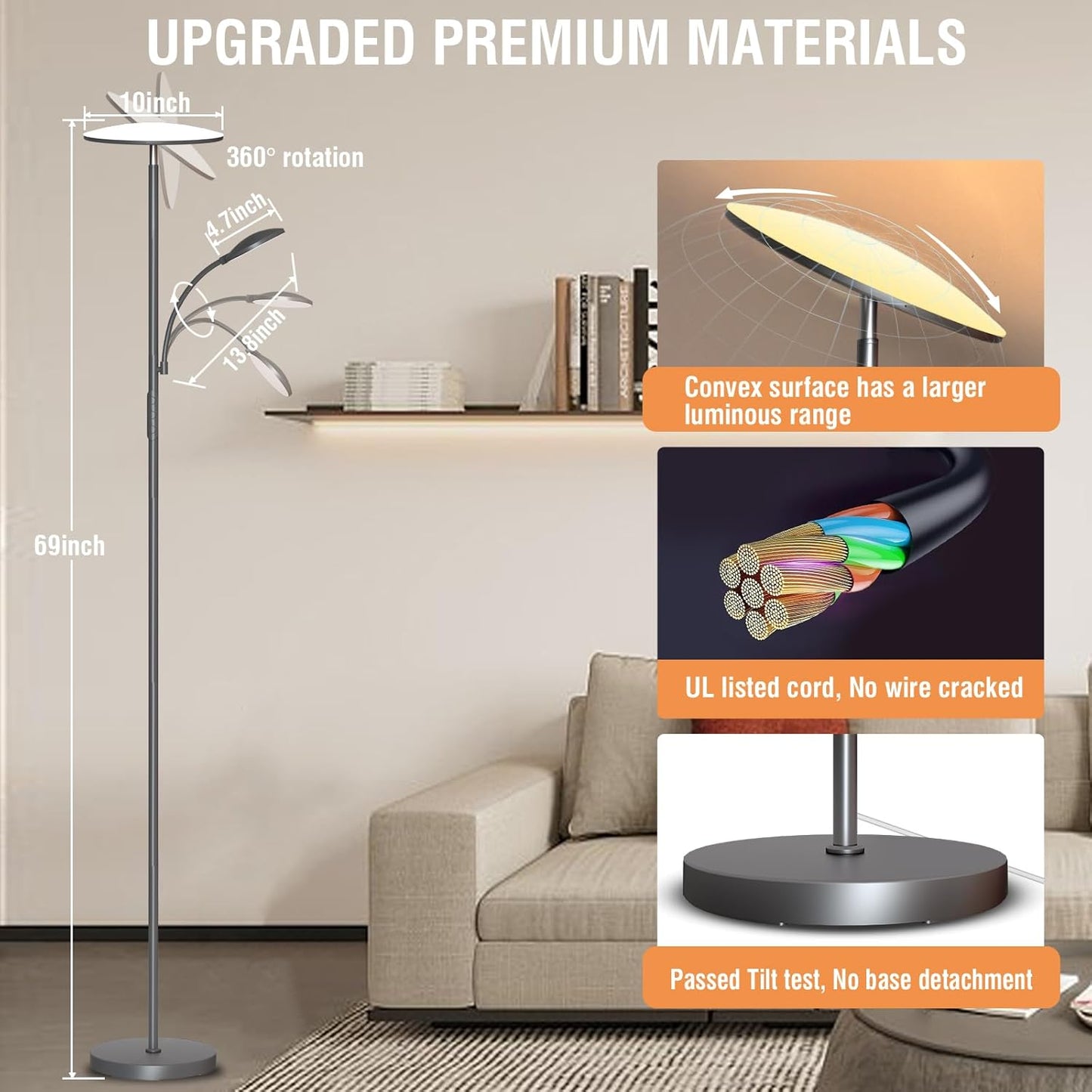 marctronic Floor Lamps for Living Room, 44W/4500LM Super Bright 2 in 1 LED Floor Lamp with Remote, Stepless Dimmable, 69" Tall Standing Floor Lamp with Bendable Reading Light for Bedroom Office