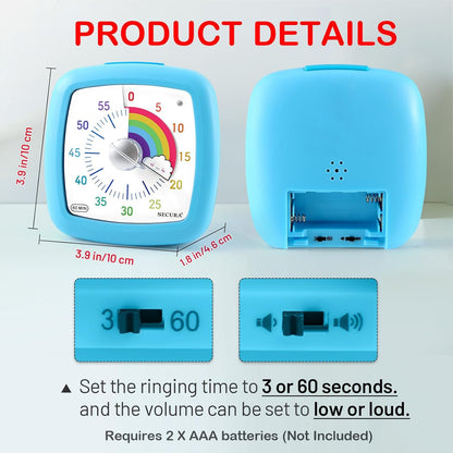 Secura 60-Minute Visual Timer, Silent Study Timer for Kids and Adults, Time Clocks, Time Management Countdown Timer for Teaching (Black & Cloud)