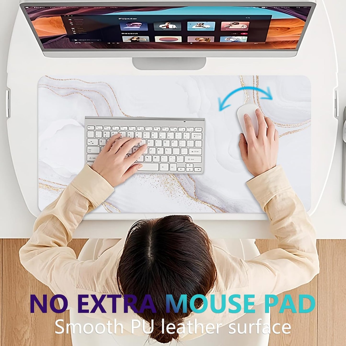 Dual-Sided Desk Pad, Large Mouse Pad - Natural Cork & PU Leather Non-Slip Waterproof Desk Mats for Office and Home (Blue, 31.5" x 15.7")