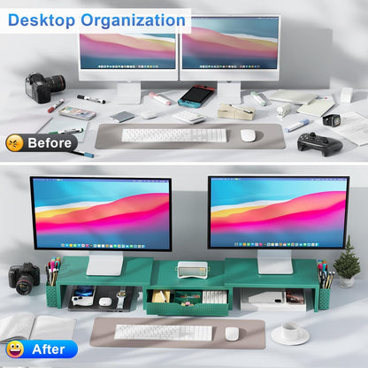 gianotter Dual Monitor Stand Riser, Desk Organizer With Drawer and 2 Pen Holders,Computer Monitor Stand, Desk Shelf for Top of Desk, Wood