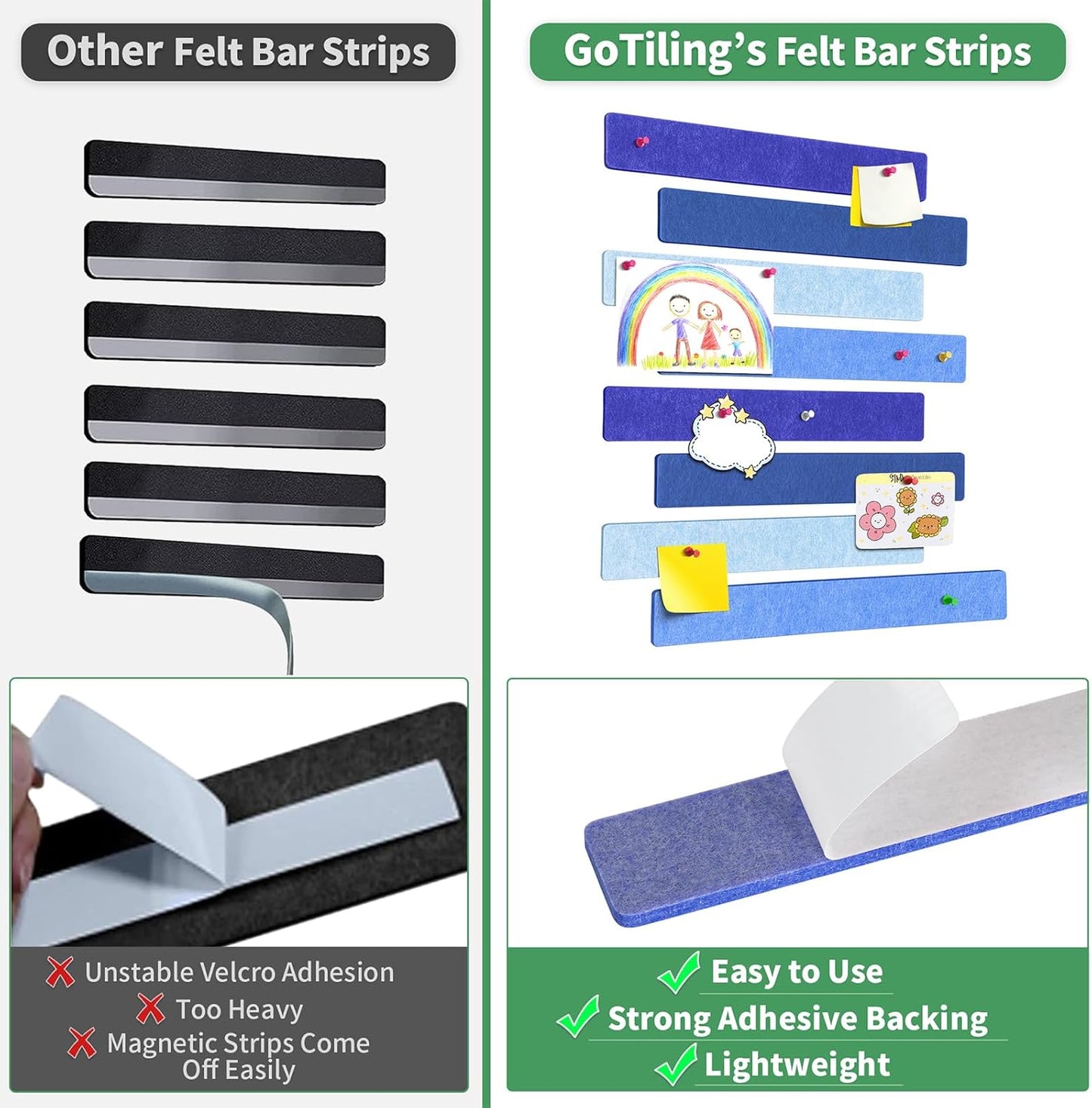 Cork Board for Walls - 8 Pack Felt Pin Board Bar Strips - Self-Adhesive Lightweight Bulletin Board - Cork Board for Office with 40 Push Pins No Damage for Wall